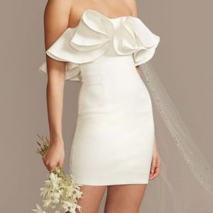 Bardot strapless taffeta mini dress with ruffles